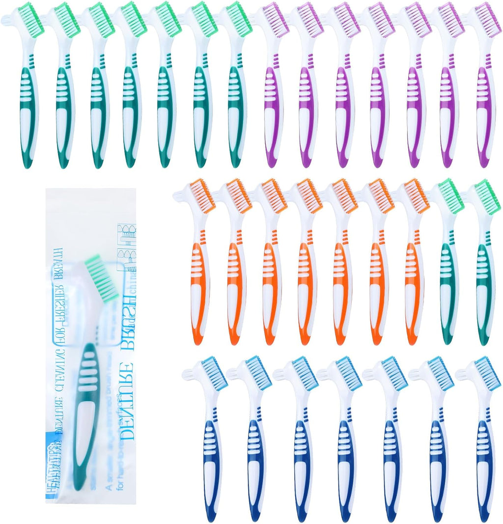 30pcs Denture Toothbrush Set, Hard and Soft Double Bristle Denture Brush, 4 Colors Optional Denture Care Cleaning Brush, Rubber Non-Slip Handle for Denture Brushes