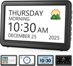 Clock with Day and Date for Elderly, 7" Large Display Digital Calendar Day Clock with 20 Custom Alarms and Medicine Reminders, Dimmable Dementia Alzheimers Clocks for Seniors, Black (Ac Powered)