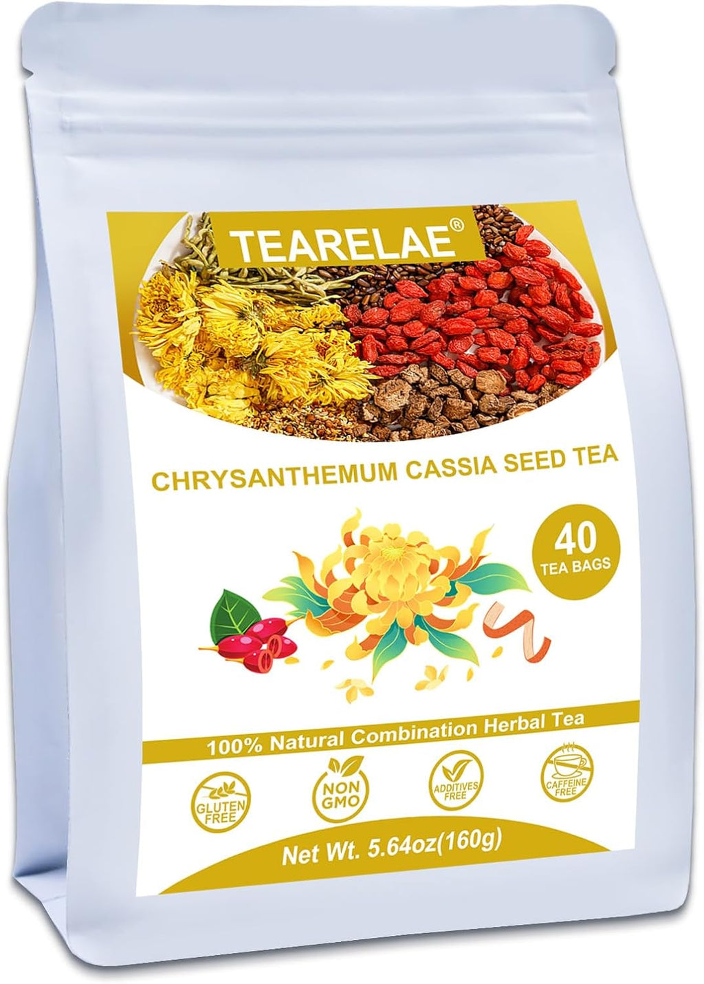 TEARELAE - Chrysanthemum Cassia Seed Tea - 4g x 40 Count - Burdock Root, Goji Berry, Honeysuckle, Osmanthus - Combination Herbal Tea Bag