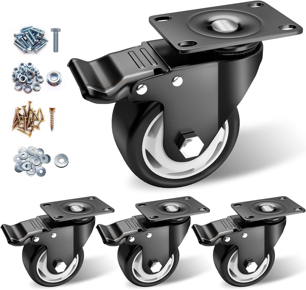 Caster Wheels - 3 Inch Casters Set of 4 Heavy Duty, BOSGEOT Locking Industrial Caster with 360 Degree No Noise Polyurethane Wheels, Swivel Plate Casters with Brake - Pack of 4