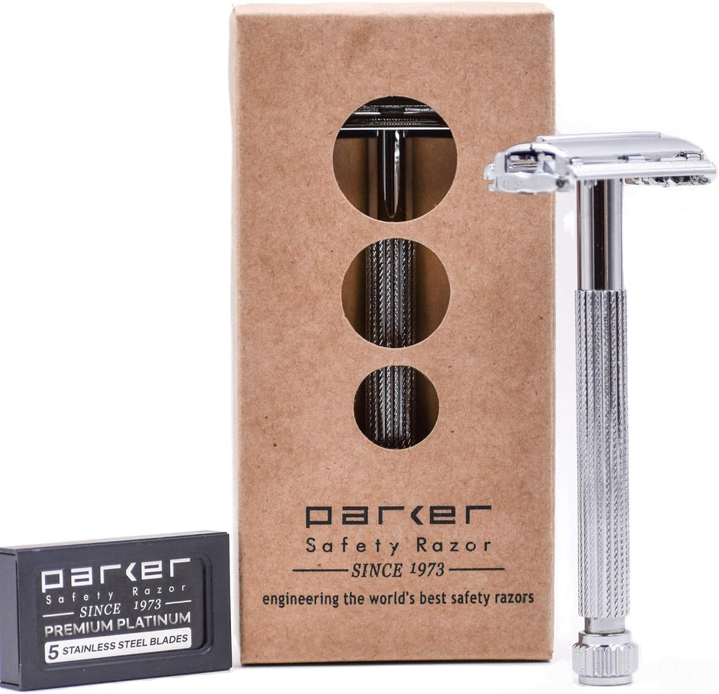 Parker 29L Chrome, Long Handle Butterfly Open Double Edge Safety Razor for Men & Women, 5 Parker Premium Platinum Double Edge Razor Blades Included