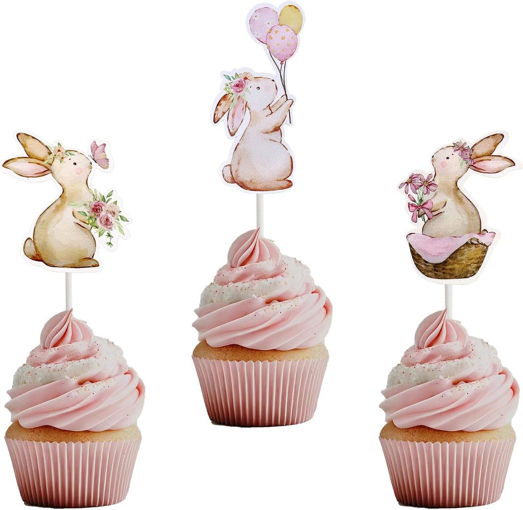24 Pack Easter Bunny Cupcake Toppers Rabbit Pink Flowers Cupcake Picks Easter Day Cake Toppers for Easter Theme Spring Birthday Baby Shower Party Decoration Supplies