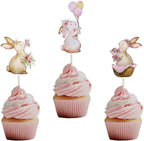 24 Pack Easter Bunny Cupcake Toppers Rabbit Pink Flowers Cupcake Picks Easter Day Cake Toppers for Easter Theme Spring Birthday Baby Shower Party Decoration Supplies