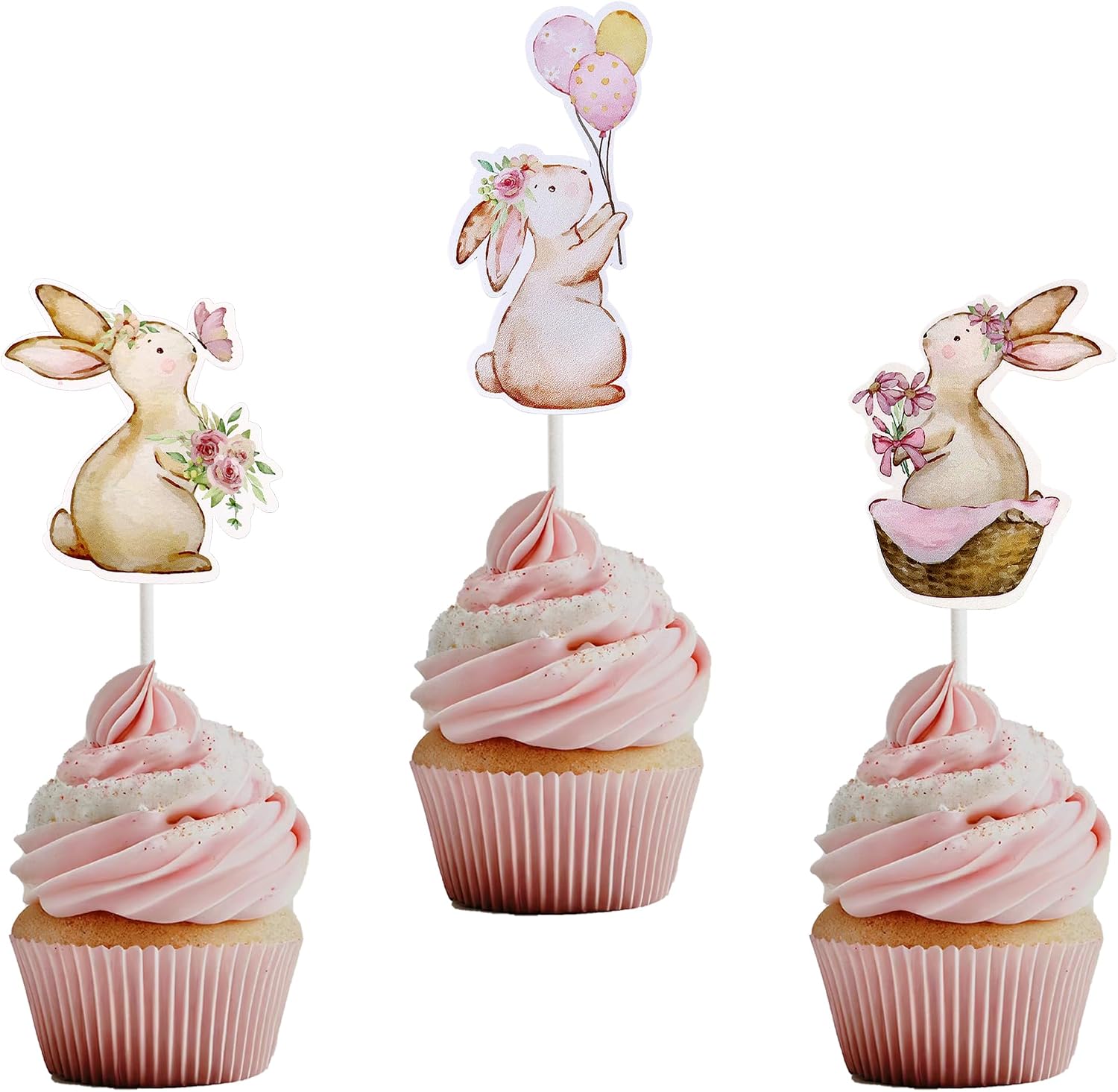 24 Pack Easter Bunny Cupcake Toppers Rabbit Pink Flowers Cupcake Picks Easter Day Cake Toppers for Easter Theme Spring Birthday Baby Shower Party Decoration Supplies
