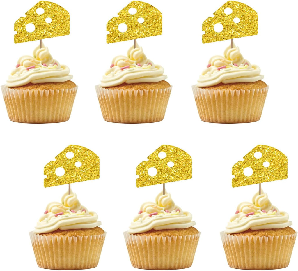 Set of 24 Cheese Cupcake Toppers for First Birthday, Gold Glitter Cheese Sign Cupcake Toppers, Cake Decorations for Baby Shower/Sweet Cheese Theme Birthday Supplies