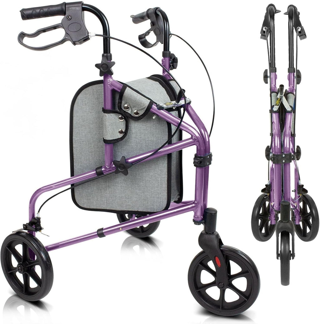 Vive Mobility 3 Wheel Walker - Three Wheeled Rollator for Seniors - Lightweight, Foldable, Narrow, Heavy Duty - for Elderly Men Women - Folding 3-Wheel Tri Scooter with Basket Bag