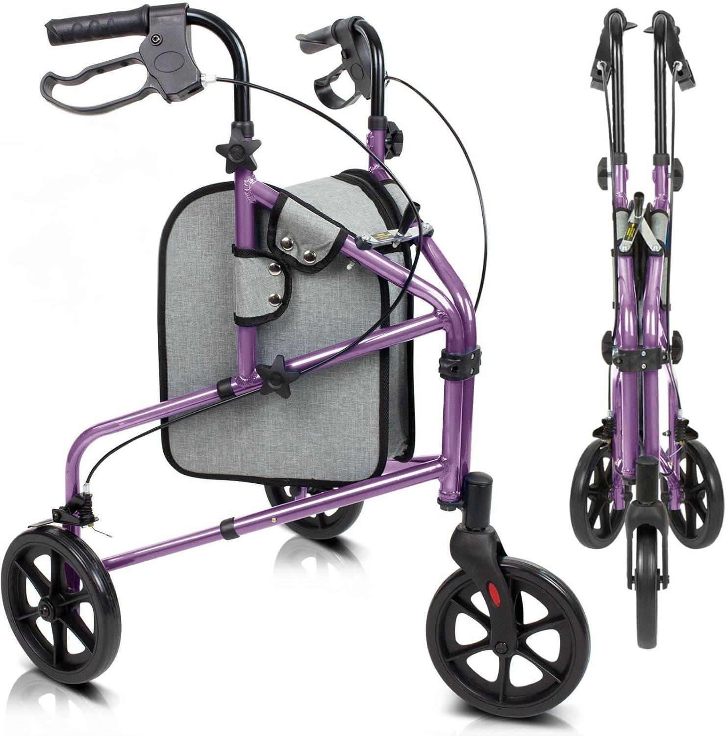 Vive Mobility 3 Wheel Walker - Three Wheeled Rollator for Seniors - Lightweight, Foldable, Narrow, Heavy Duty - for Elderly Men Women - Folding 3-Wheel Tri Scooter with Basket Bag