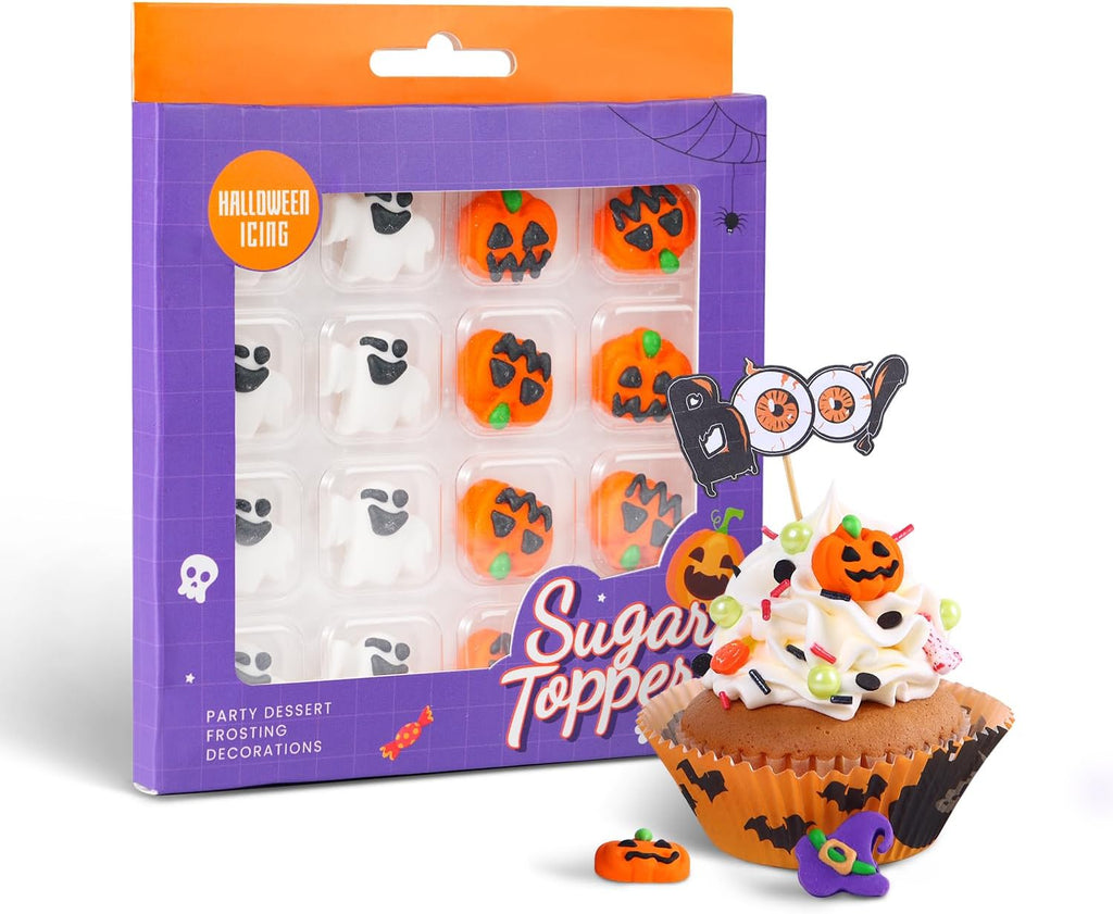 16 Pcs Edible Halloween Cupcake Toppers, 8 Pumpkin Cupcake Toppers, 8 Ghost Cake Decorations, Halloween Cake Decorations for Cookies, Cakecircle, Cupcakes, macarons, and Ice Cream