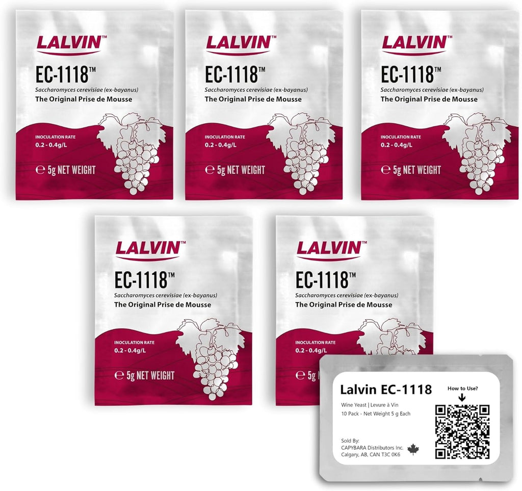 Lalvin EC-1118 Wine Yeast (5 Pack) - Champagne Yeast - Make Wine Cider Mead Kombucha At Home - 5 g Sachets - Saccharomyces cerevisiae - Sold by CAPYBARA Distributors Inc.
