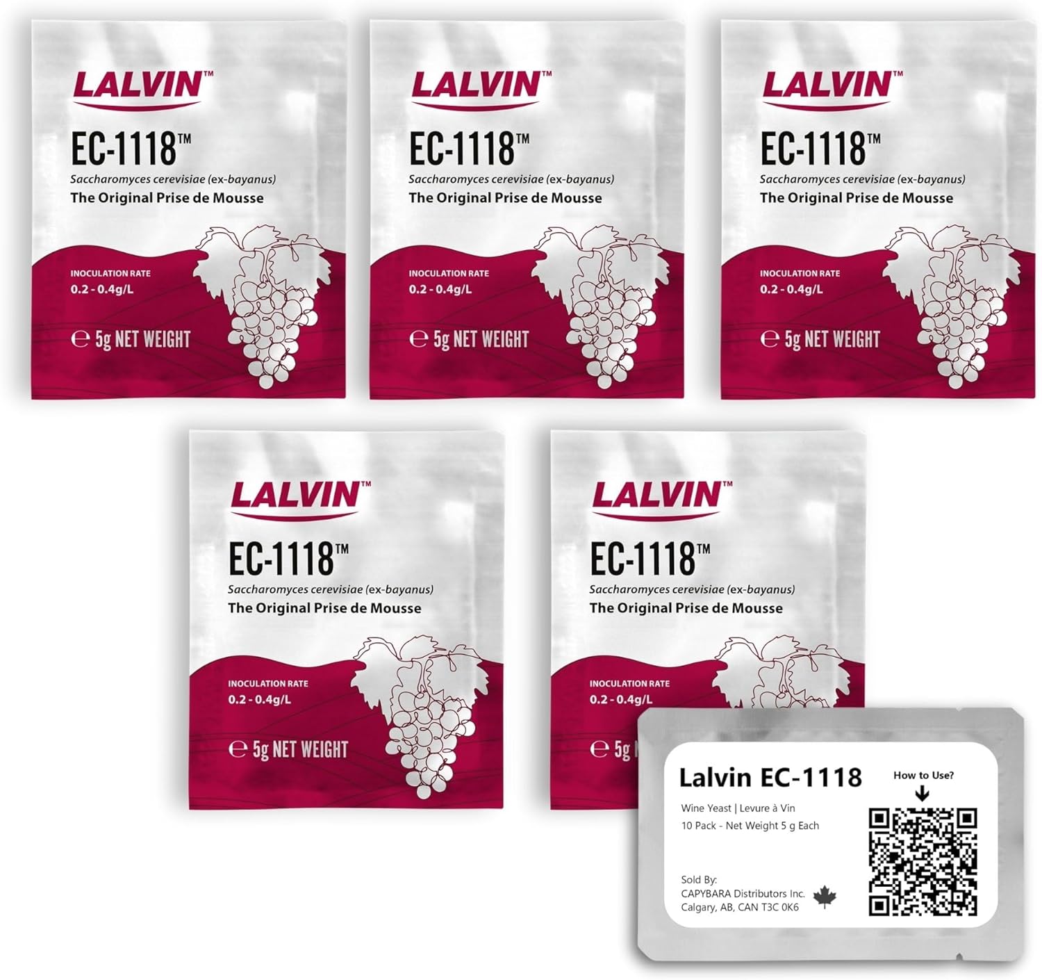 Lalvin EC-1118 Wine Yeast (5 Pack) - Champagne Yeast - Make Wine Cider Mead Kombucha At Home - 5 g Sachets - Saccharomyces cerevisiae - Sold by CAPYBARA Distributors Inc.