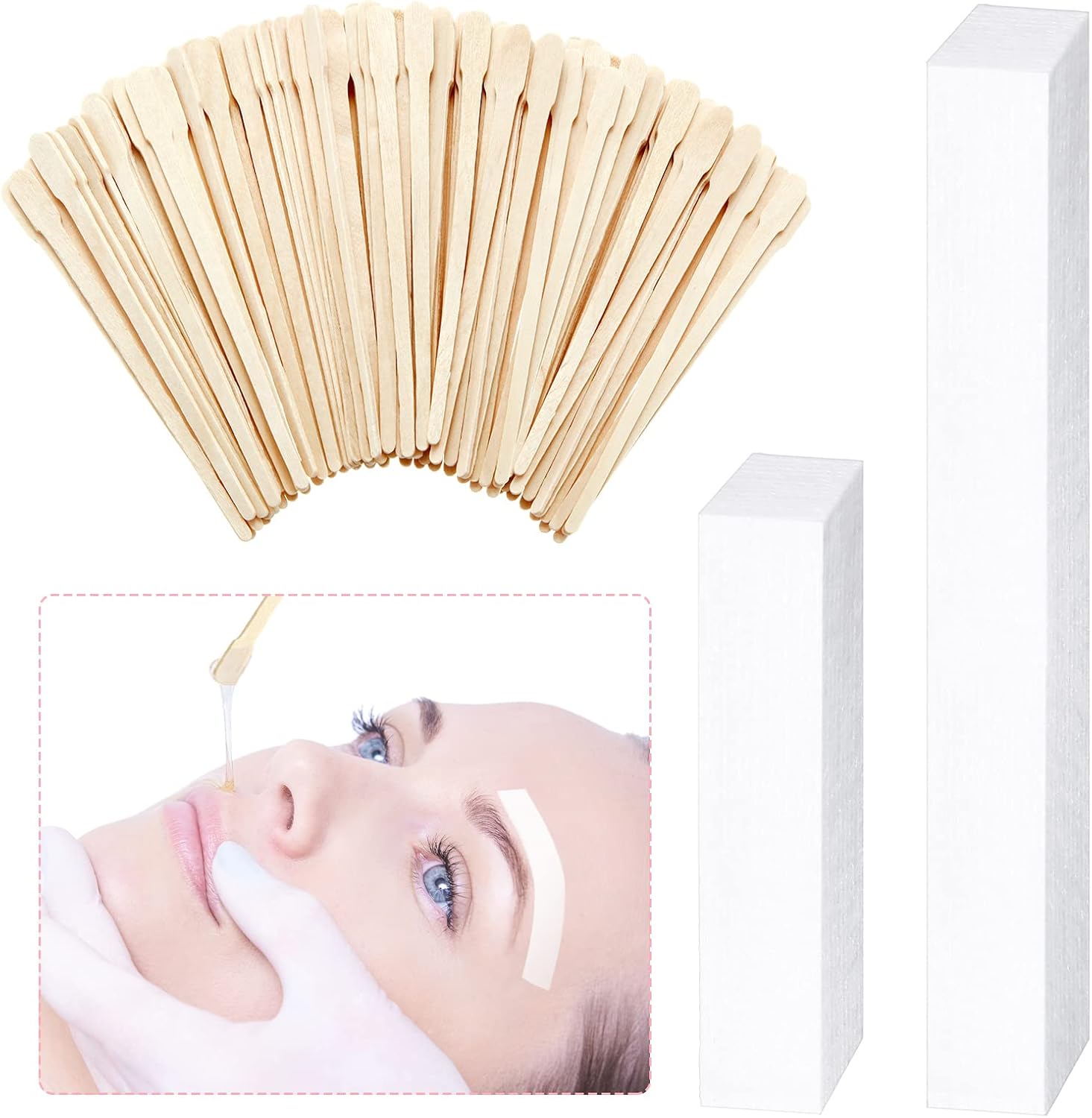 Leelosp 600 Pcs Waxing Kit Includes 400 Wax Paper Cloth Eyebrow Strips and 200 Wooden Smooth Applicator Sticks for Body Skin Hair Removal(White)