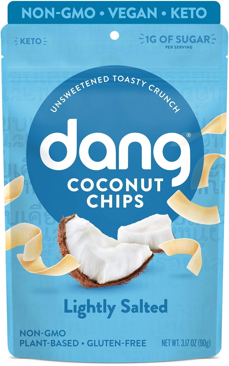 Dang Keto Toasted Coconut Chips Lightly Salted, Unsweetened, Vegan, Gluten Free, Non GMO, Paleo, Healthy Snacks Made with Whole Foods, Low Carb and Sugar, Resealable Individual Bags, 3.17 oz