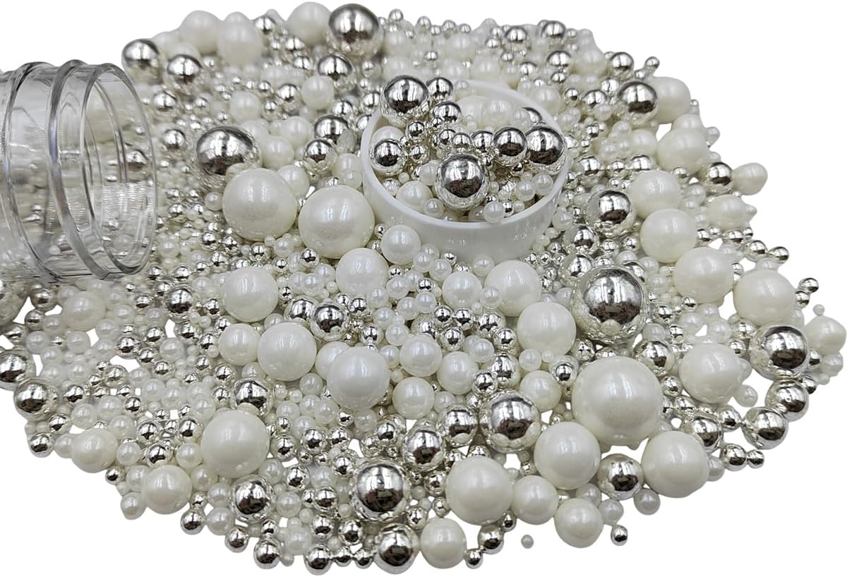 Edible White Silver Sugar Pearls Candy Sprinkles 120G/ 4.23Ounce Baking Cake Sprinkles Cupcake and Cake Topper Cookie Decorations Wedding Party Valentines Halloween Christmas Supplies