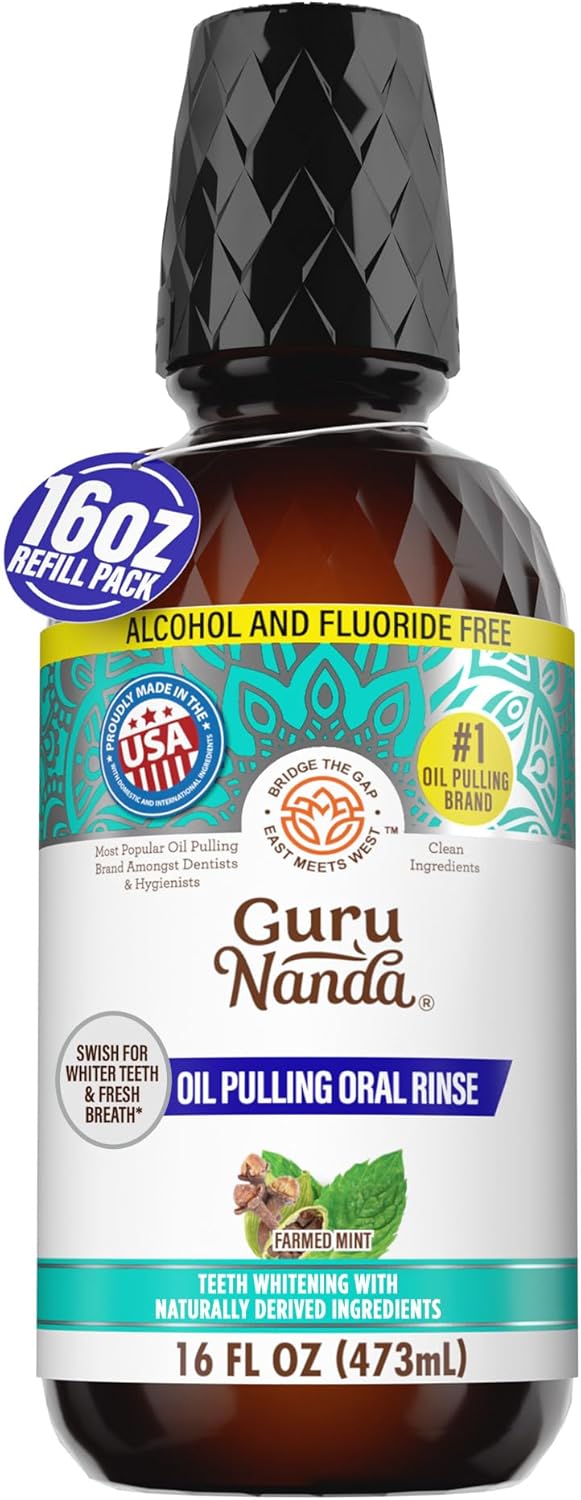 GuruNanda CocoMint Oil Pulling Mouthwash for Complete Oral Hygiene, 7 Essential Oils & Vitamins for Happy Teeth & Gums & Fresh Breath, Alcohol-Free, 16 oz