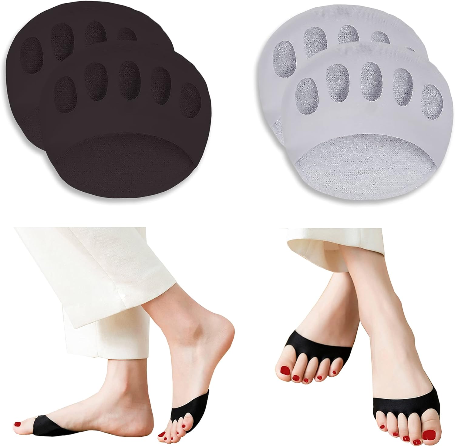 Reusable Honeycomb Fabric Forefoot Pads Soft Ball of Foot Cushions Metatarsal Pads for Women Men Prevention Pain Relief (Black,Grey)