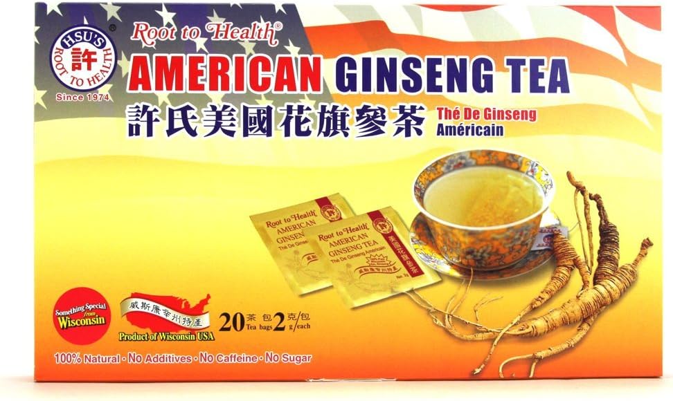 Hsu’s American Ginseng Tea Bags | 100% Wisconsin-Cultivated Caffeine Free, Vegan, Gluten Free Herbal Wellness Tea- 20 bags