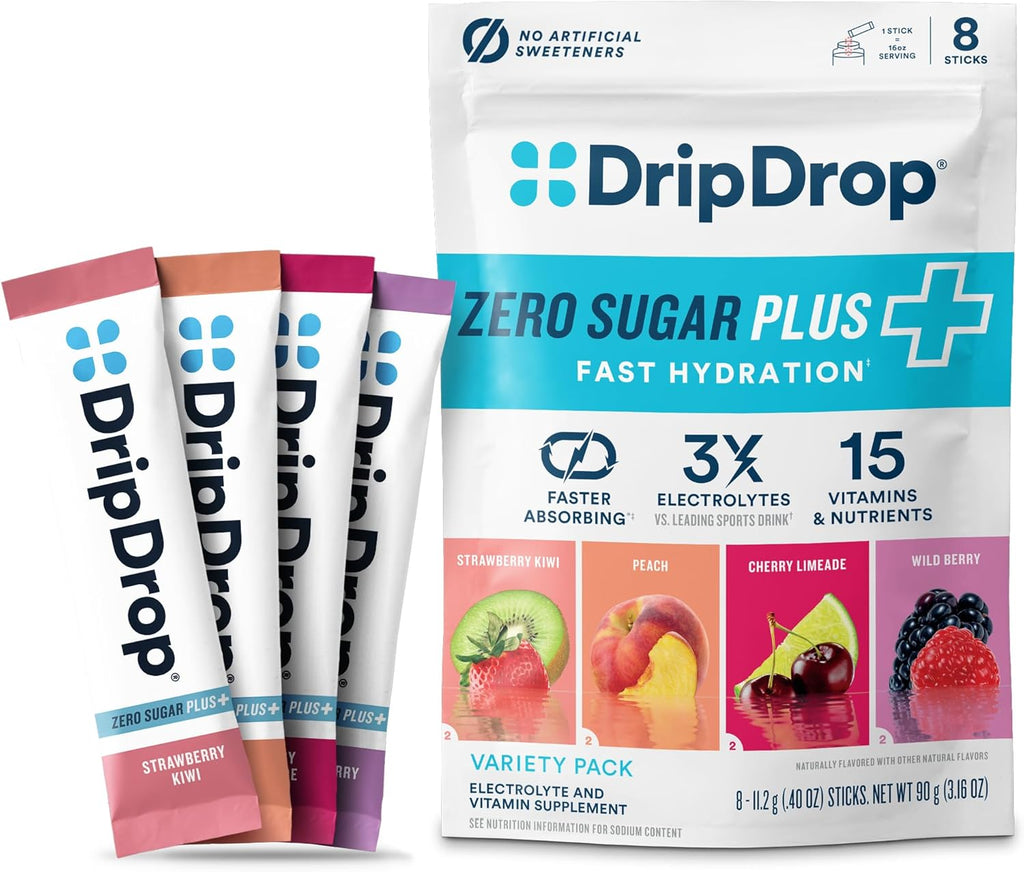 DripDrop Zero Sugar Plus - Sugar Free Hydration Packets - Single Serve Electrolytes Powder Drink Mix - Strawberry Kiwi, Peach, Cherry Limeade, Wild Berry - Non-GMO, Vegan - 8 Sticks