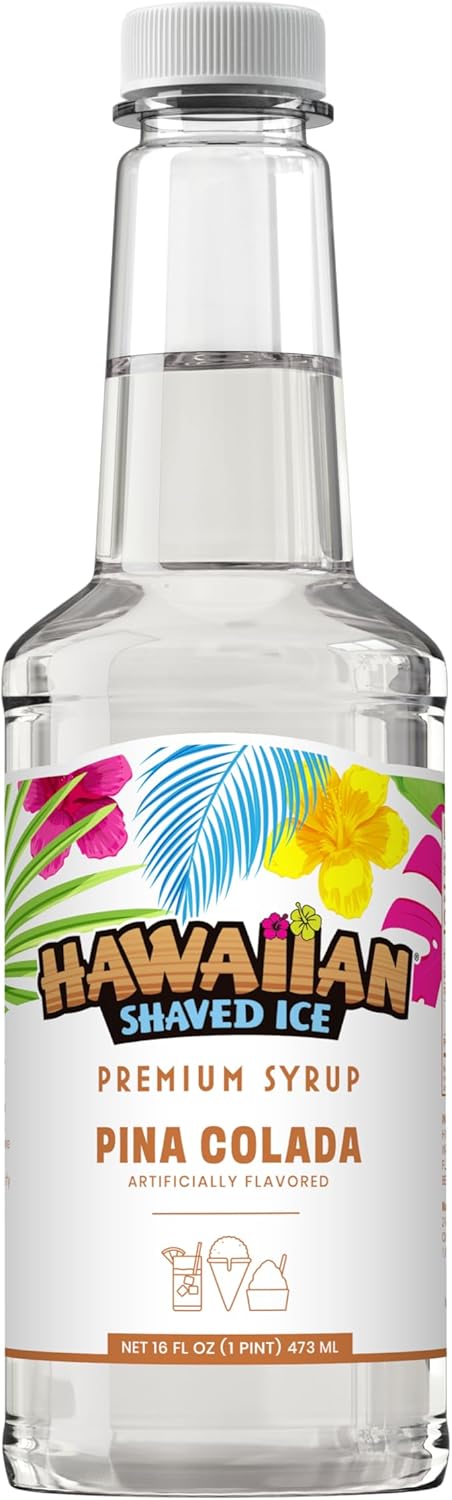 Hawaiian Shaved Ice Pina Colada Syrup - Nut Soy Dairy Free - Flavor Fluffy & Crunchy Snow Cone - Shelf Stable - Makes 8 Servings - 16 ounces