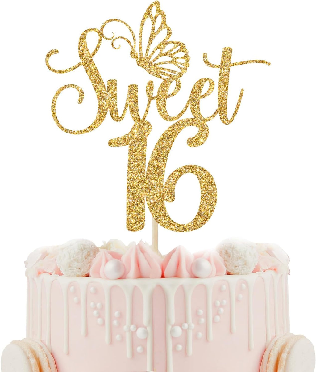 Sweet 16 Cake Topper, Happy 16th Birthday Cake Topper, Happy Sweet Sixteen Cake Decorations, 16th Birthday Party Decorations (Gold Glitter)