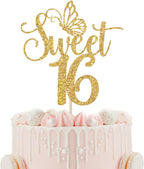 Sweet 16 Cake Topper, Happy 16th Birthday Cake Topper, Happy Sweet Sixteen Cake Decorations, 16th Birthday Party Decorations (Gold Glitter)