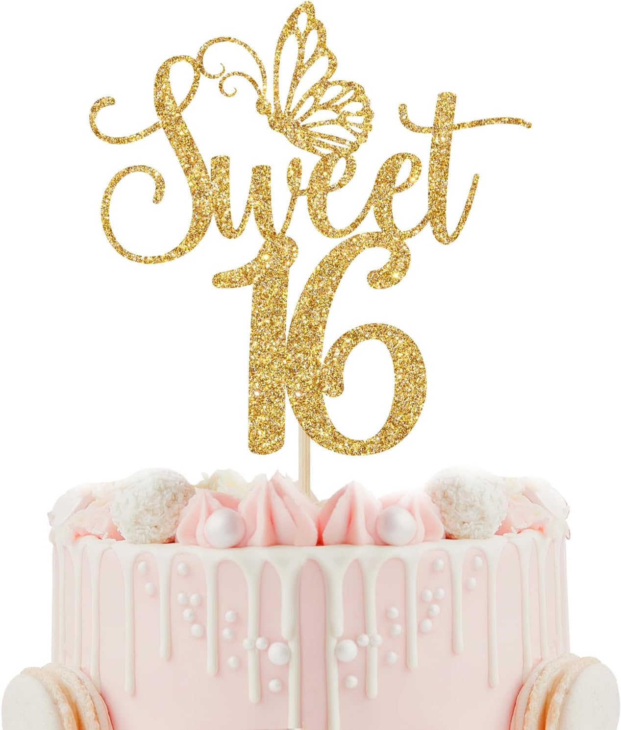 Sweet 16 Cake Topper, Happy 16th Birthday Cake Topper, Happy Sweet Sixteen Cake Decorations, 16th Birthday Party Decorations (Gold Glitter)
