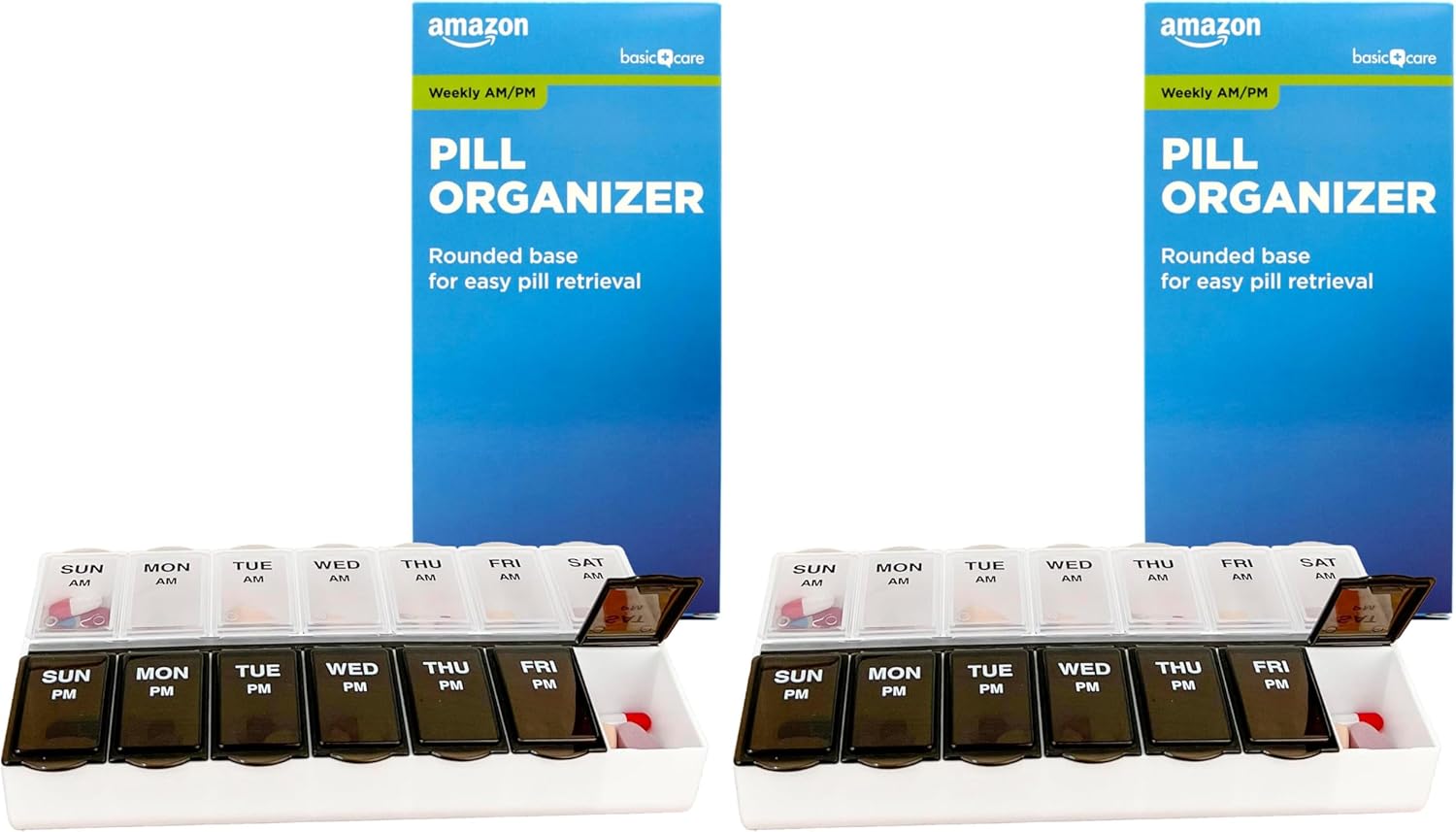 Amazon Basic Care 7-Day AM/PM Pill Organizer, Vitamin Case and Medicine Box with Large Compartments, 2 Times a Day, Black and Clear Lids (Pack of 2)