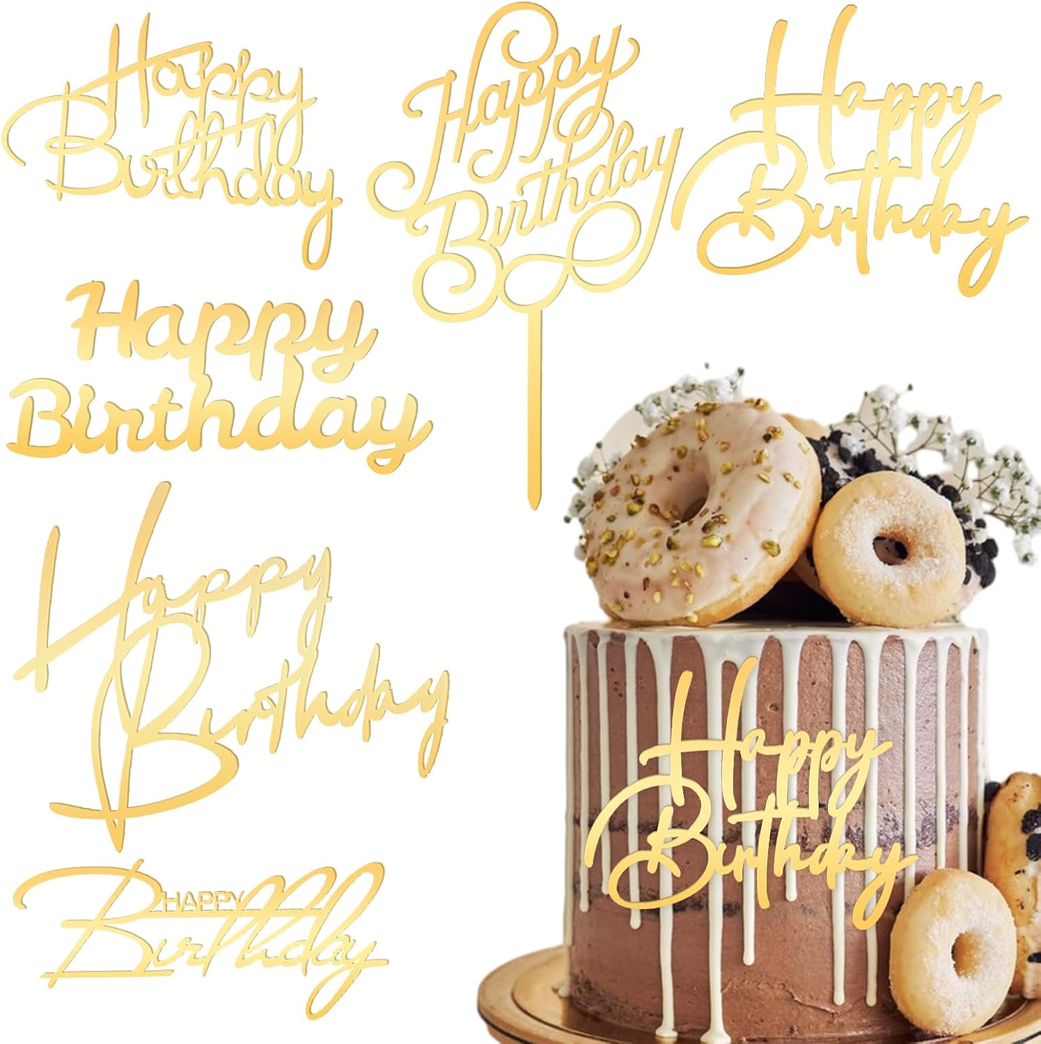 6 Pcs Gold Happy Birthday Cake Topper Side Mirror Acrylic Cake Topper Happy Birthday Cake Sign Decorations Gold Cake Inserts Cake Decor Supplies Golden Cupcake Toppers for Birthday Party Cake Dessert