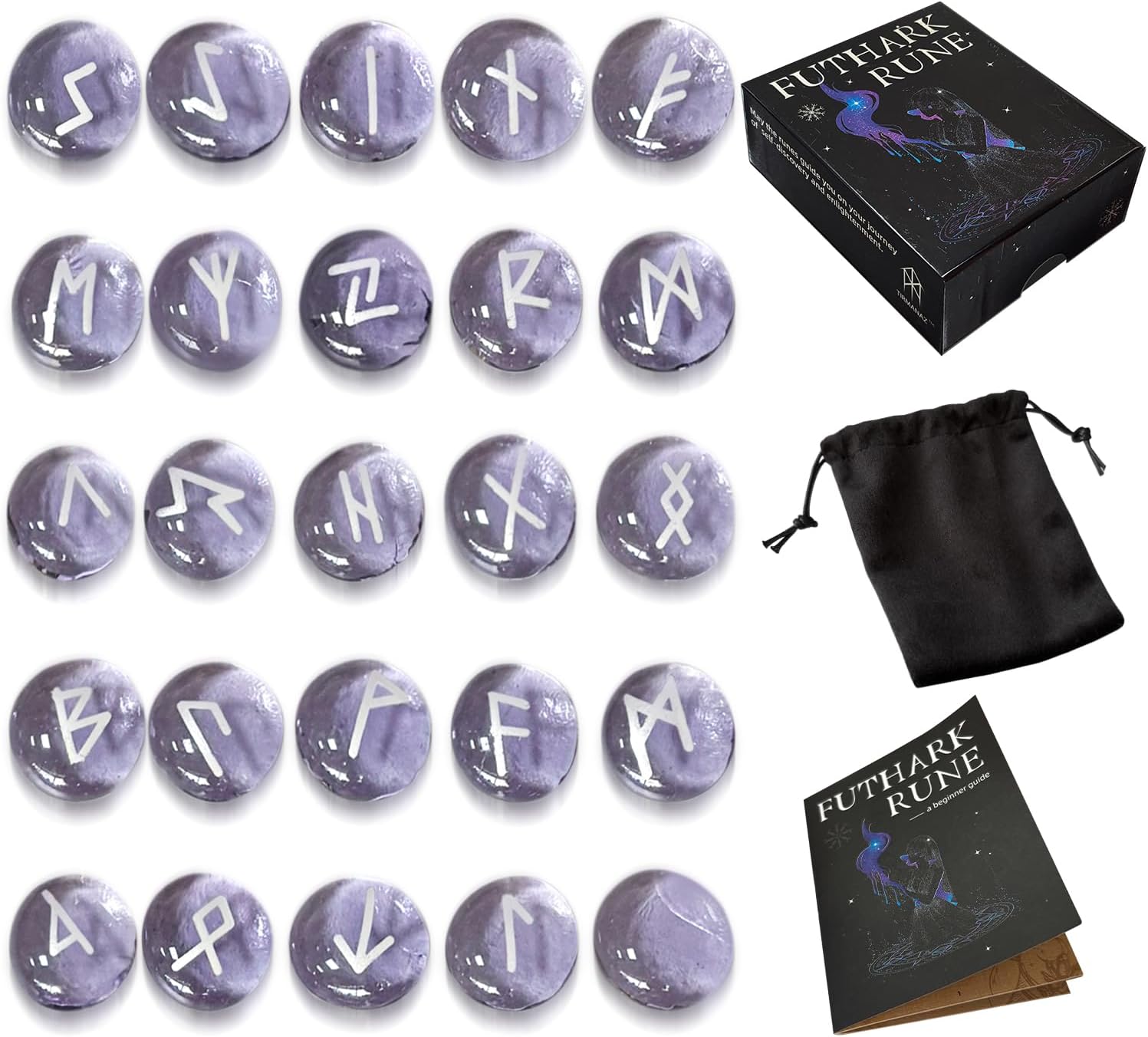 Runes Set, 25Pcs Purple Rune Stone Set with Guide Book, Velvet Bag, Viking Runas for Beginners, Ritual/Pagan/Meditation/Divination/Witchcraft