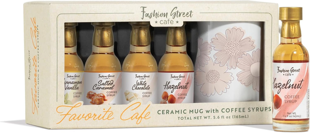 Fashion Street Cafe 4-pack Coffee Syrup Sampler Gift Set with Flower Ceramic Mug