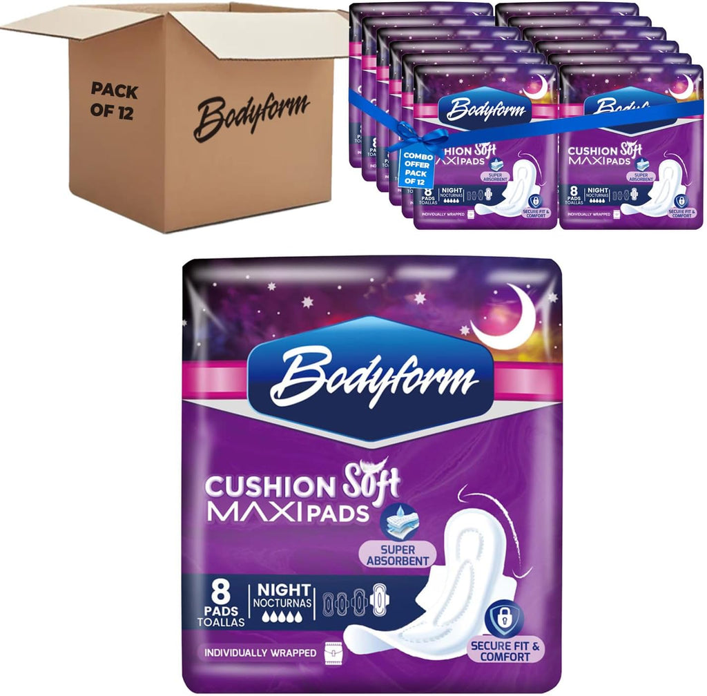 Bodyform Maxi - Value Sanitary Napkins, Cushion Soft Always Comfortable and Ultra-Absorbent (Night, 96 Count (12 Packs of 8 Counts))