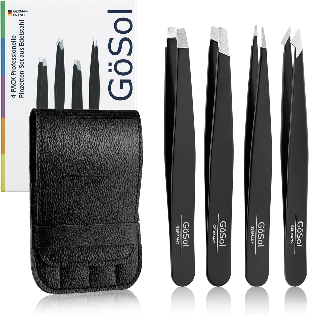 Tweezers Set - 4Pcs Professional Stainless Steel Eyebrows Tweezers for Women Facial Hair, High Precision Tweezers with Slant, Pointed, Flat Tips for Ingrown Hair Removal Women Men