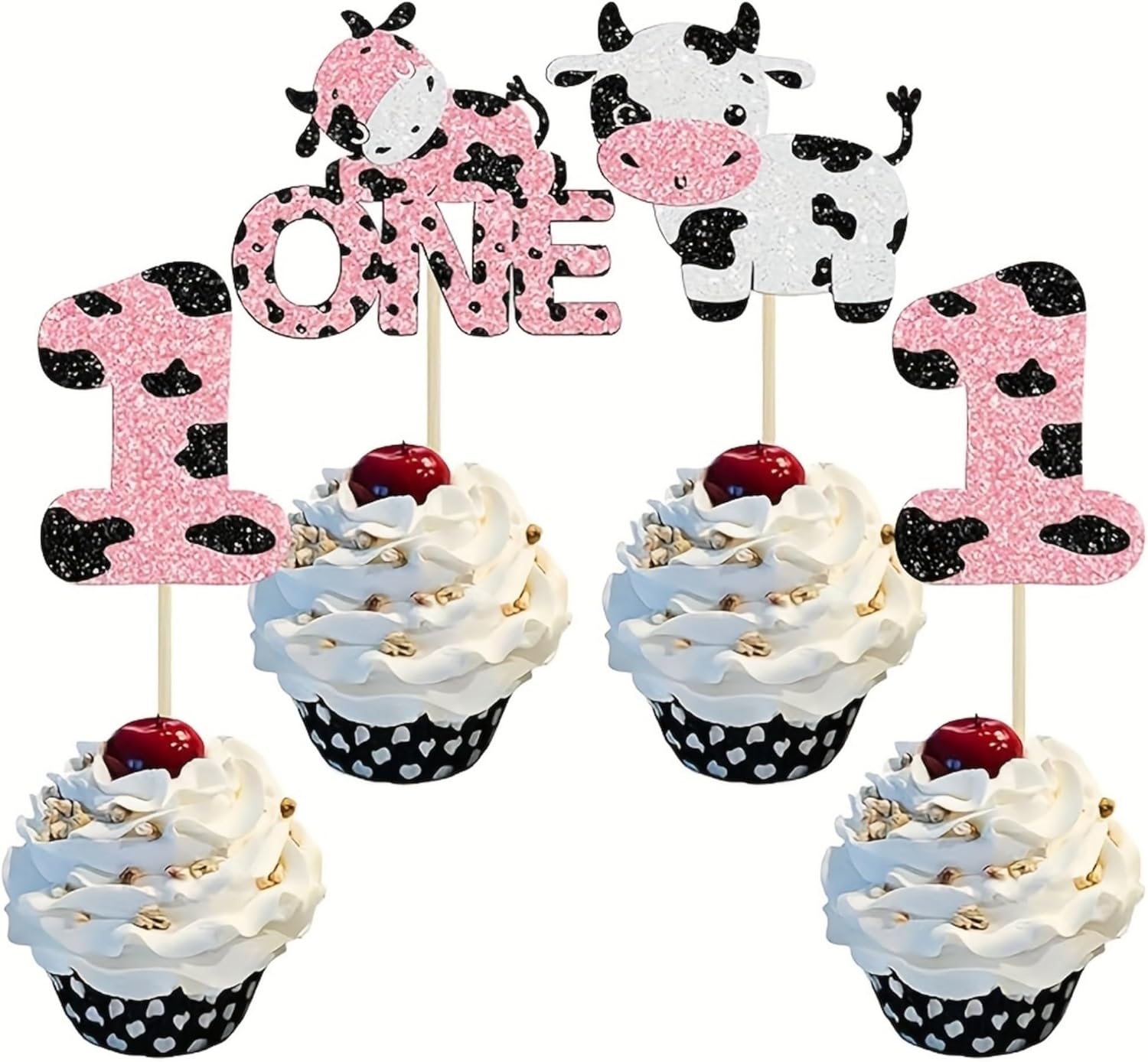 24Pcs Cow Cupcake Toppers Glitter Farm Animals One Cupcake Picks for Cow 1st Birthday Cow Theme Baby Shower Kids Birthday Party Cake Decorations Supplies
