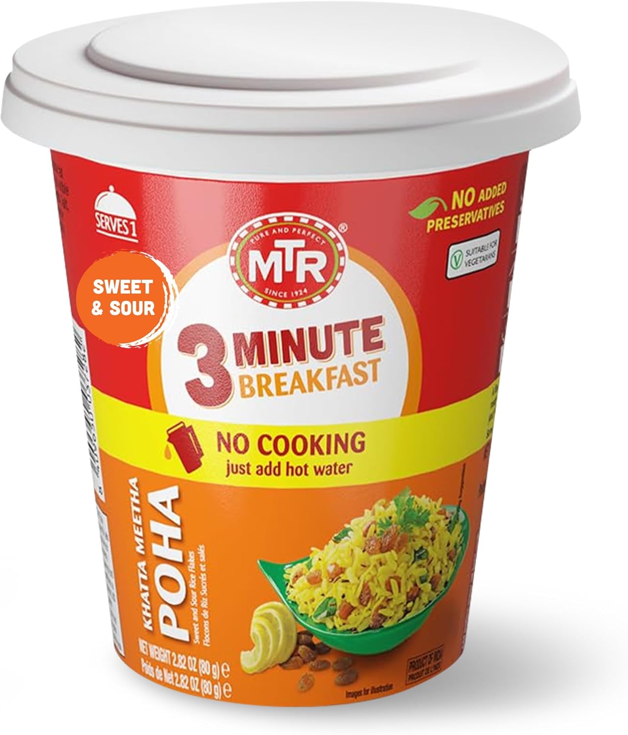 MTR 3minute Khatta Meetha Poha - Ready-to-Cook Mix - Authentic Indian Food in Just 3 Minutes - 100% Vegetarian - No Added Preservatives - Just Add Hot Water - Quick & Easy ( (Khatta Meetha Poha Cuppa - 80g, Pack of 6)