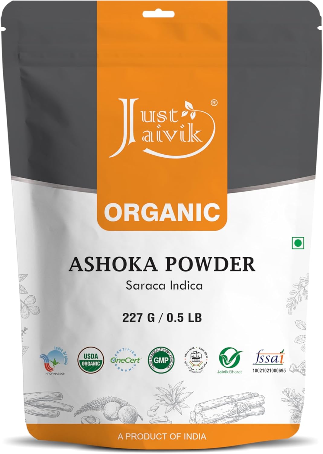 100% Organic Ashoka Bark Powder (Saraca Indica) 1/2 LB, 08 oz, 227g USDA Certified Organic- Biodegradable Resealable Zip Lock Pouch