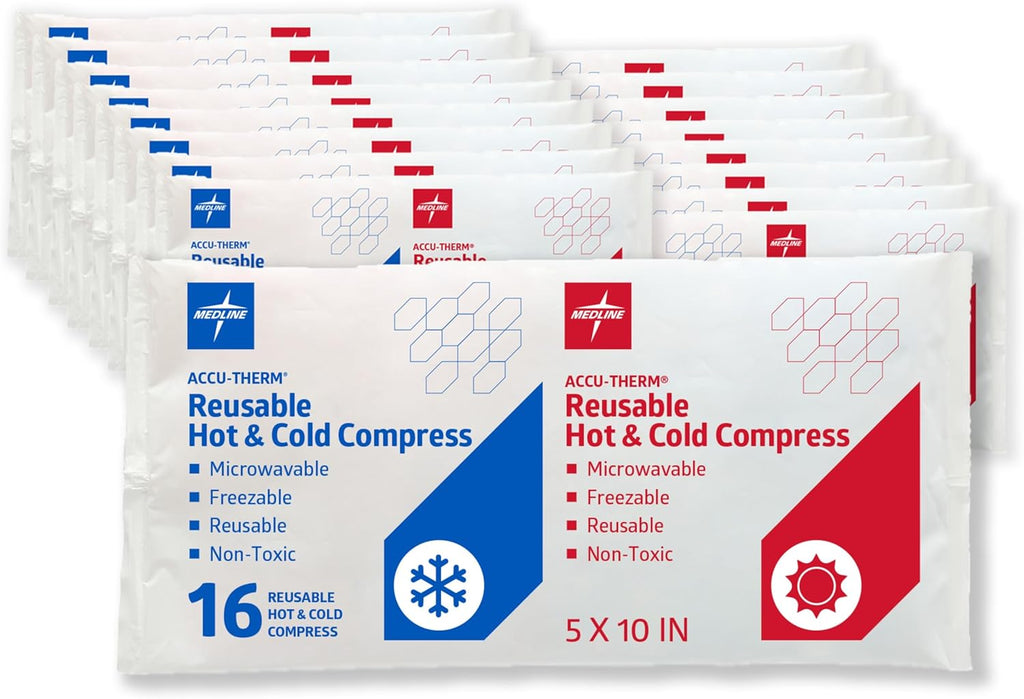 Medline Accu-Therm Reusable Hot/Cold Gel Packs, 5” x 10”, Soft & Flexible, for Injuries, Fast Relief, Recovery & Muscle Soreness - Pack of 16