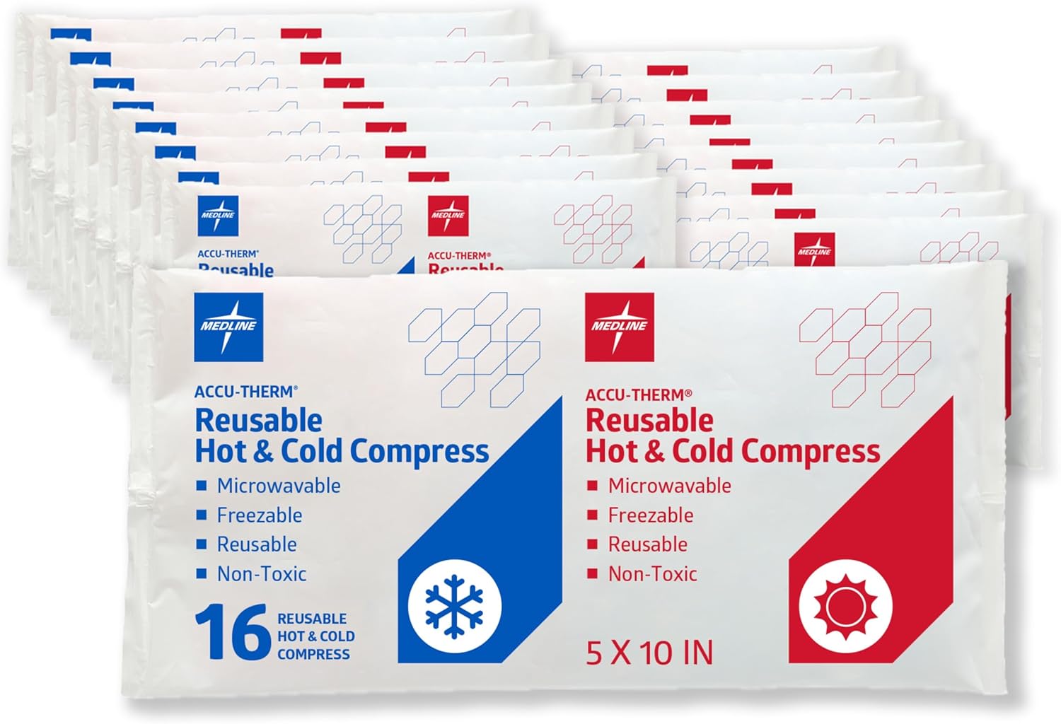 Medline Accu-Therm Reusable Hot/Cold Gel Packs, 5” x 10”, Soft & Flexible, for Injuries, Fast Relief, Recovery & Muscle Soreness - Pack of 16