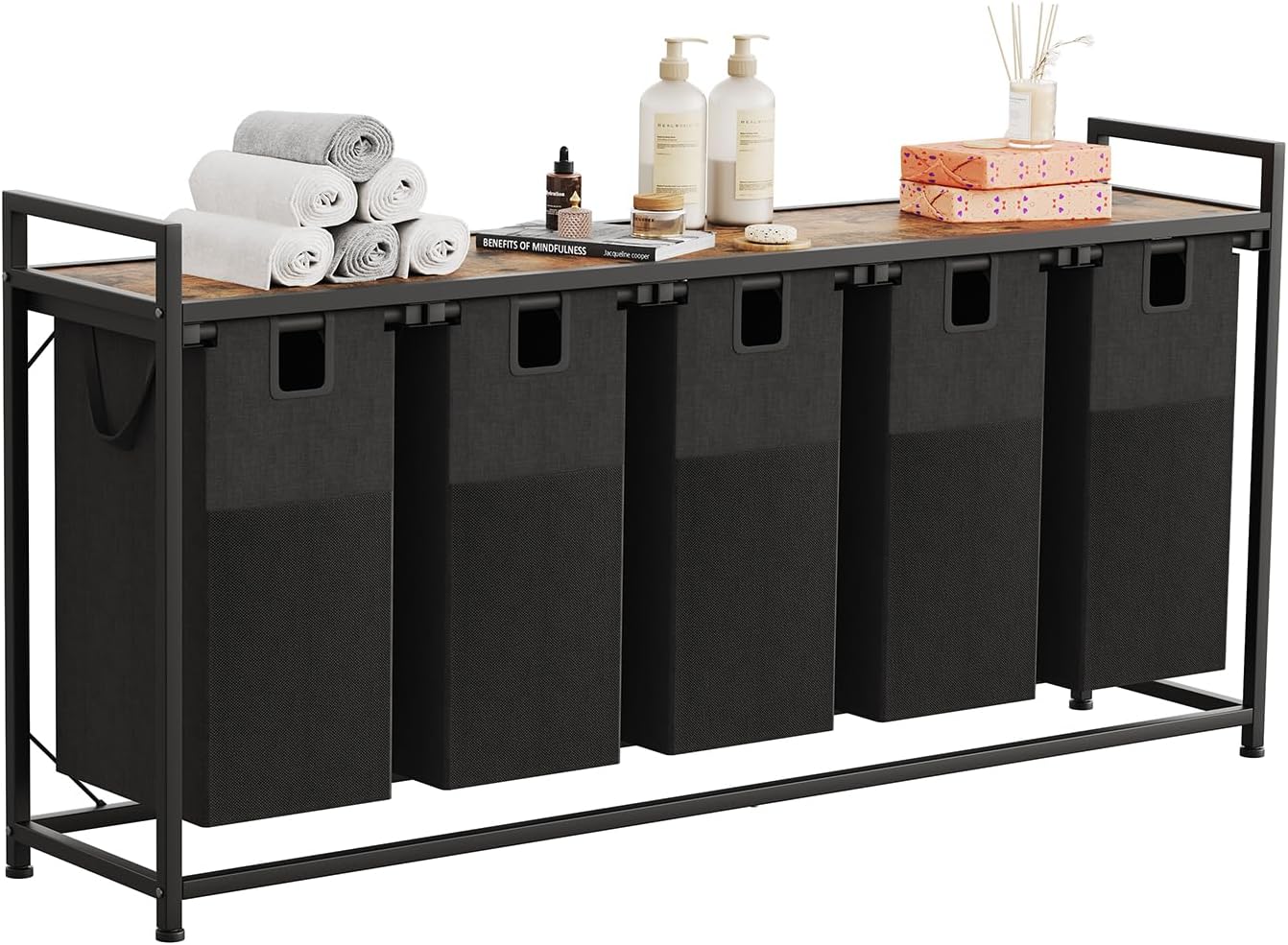 Laundry Basket Five Laundry Hamper with Removable Bags, Fabric Handles, Large Top Shelf and Laundry Bag for Bathroom, Dorm, Laundry Room