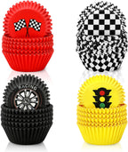 600 Pcs Race Car Cupcake Liner Paper Baking Cups Red Yellow Black White Checkered 4 Designs Muffin Liner Cake Storage Container for Birthday Party DIY Crafts Supplies, 2 x 1.2 Inch