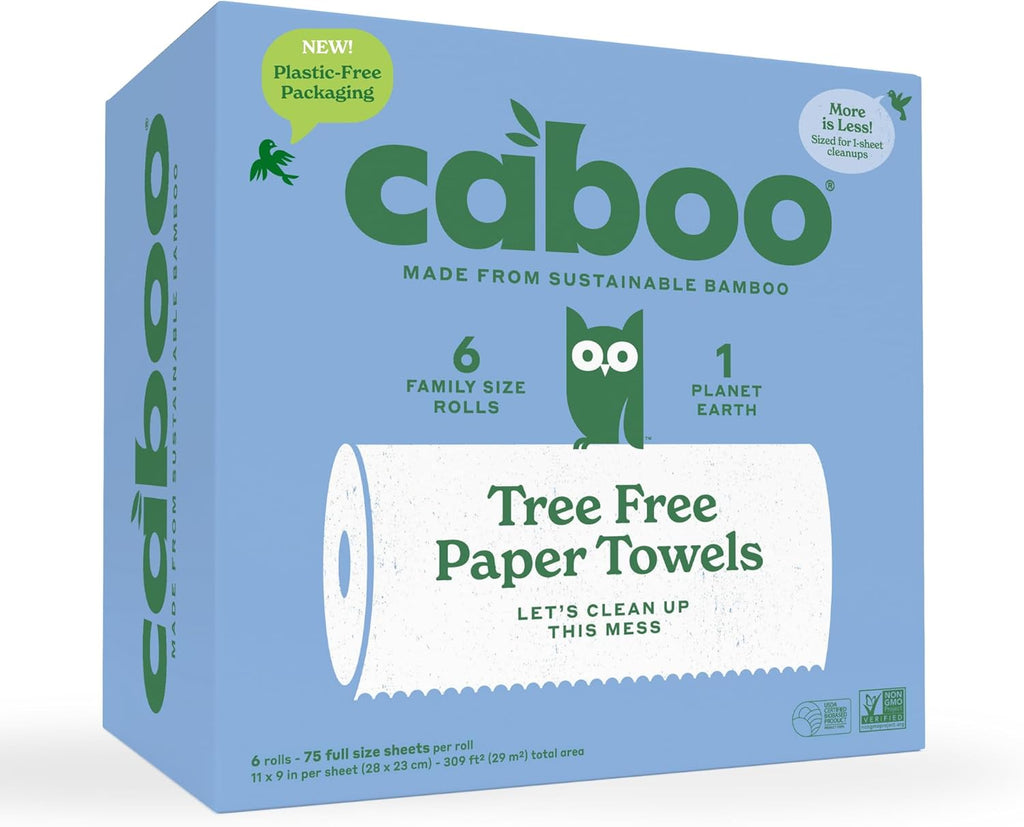 Caboo Tree Free Paper Towels, 6 Rolls, Plastic Free & Eco Friendly, Earth Friendly, Sustainable Kitchen Paper Towels with Strong 2 Ply Sheets