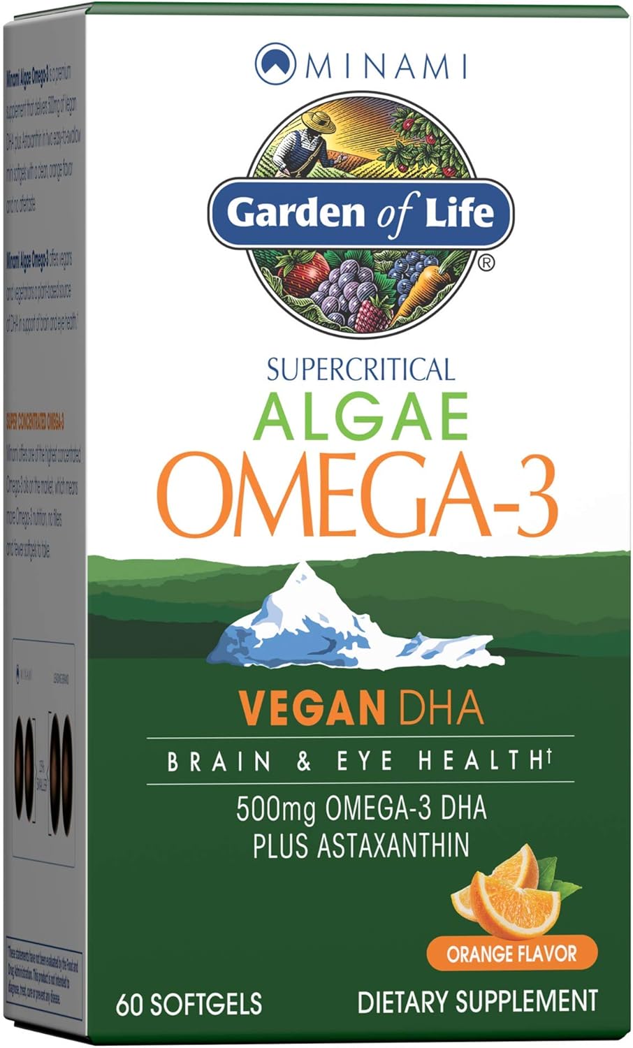 Garden of Life Minami Algae Omega 3 Vegan DHA for Brain and Eye Health - Orange Flavor, 500mg Plant Based DHA Omega-3 Vegan Algae Oil plus Astaxanthin, No aftertaste, 60 easy-to-swallow Mini Softgels