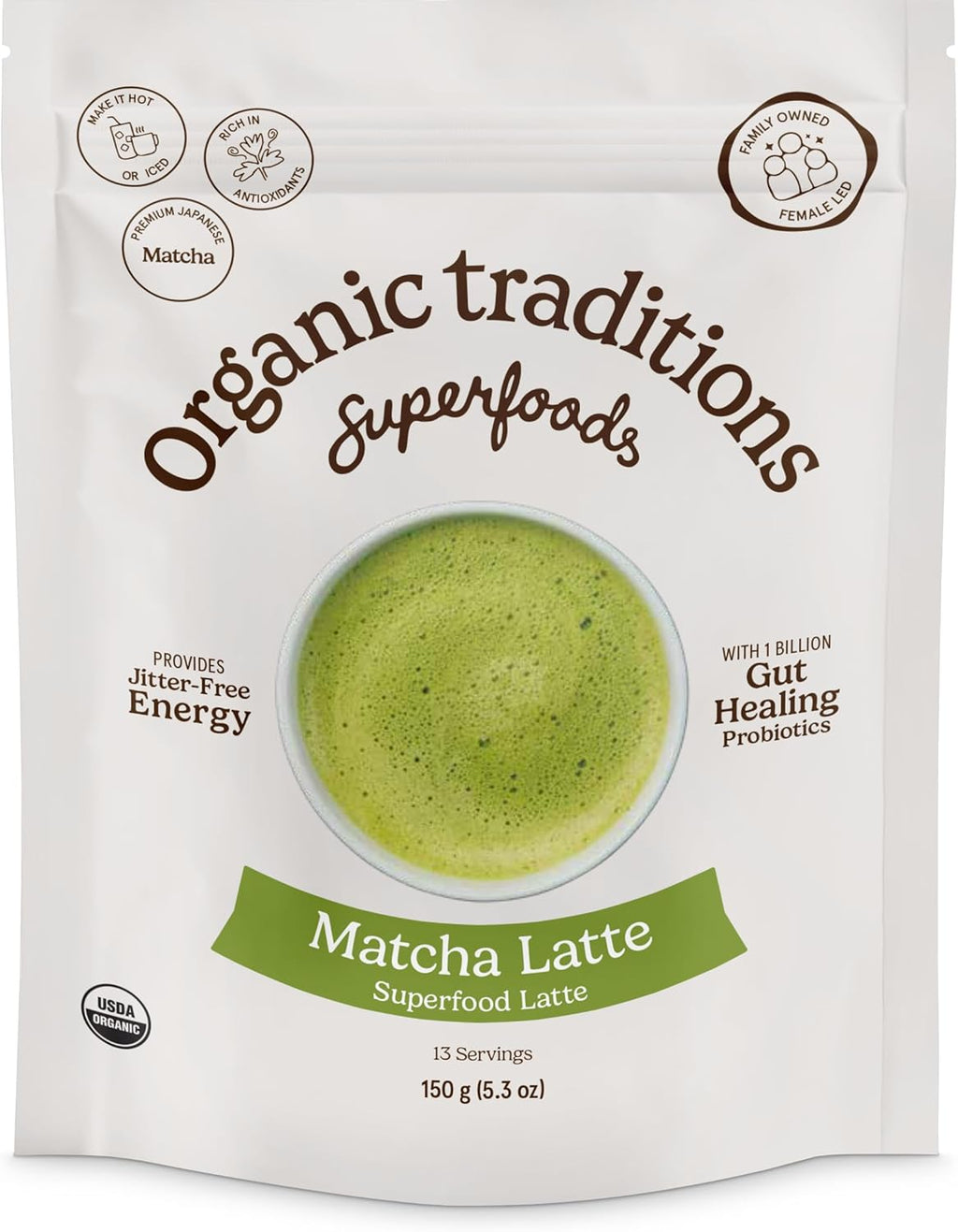 Organic Traditions Matcha Latte Powder, Japanese Matcha Green Tea With Coconut Milk, Naturally Occurring Caffeine And L Theanine, Lightly Sweetened Instant Latte Drink With Probiotics, 150g / 5.3oz
