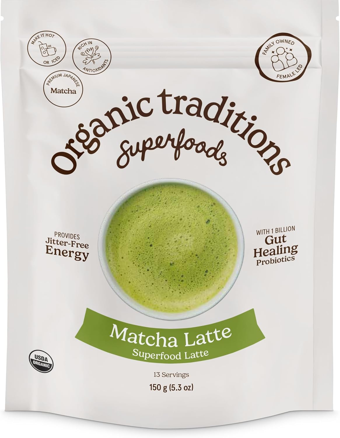 Organic Traditions Matcha Latte Powder, Japanese Matcha Green Tea With Coconut Milk, Naturally Occurring Caffeine And L Theanine, Lightly Sweetened Instant Latte Drink With Probiotics, 150g / 5.3oz