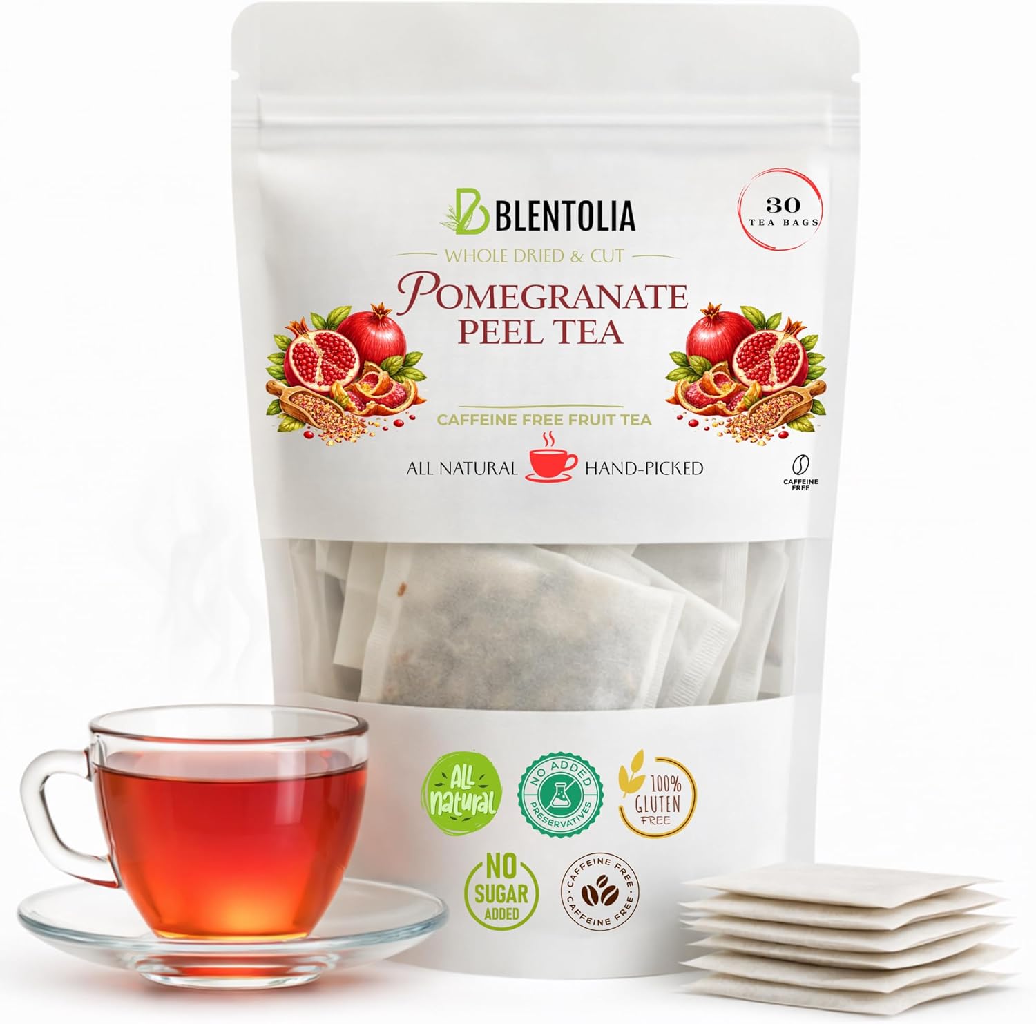 Blentolia Pomegranate Peel Tea – 100% Natural Herbal Tea Bags – Antioxidant-Rich, Caffeine-Free, and Gut-Friendly – 30 Tea Bags in Resealable Pouch