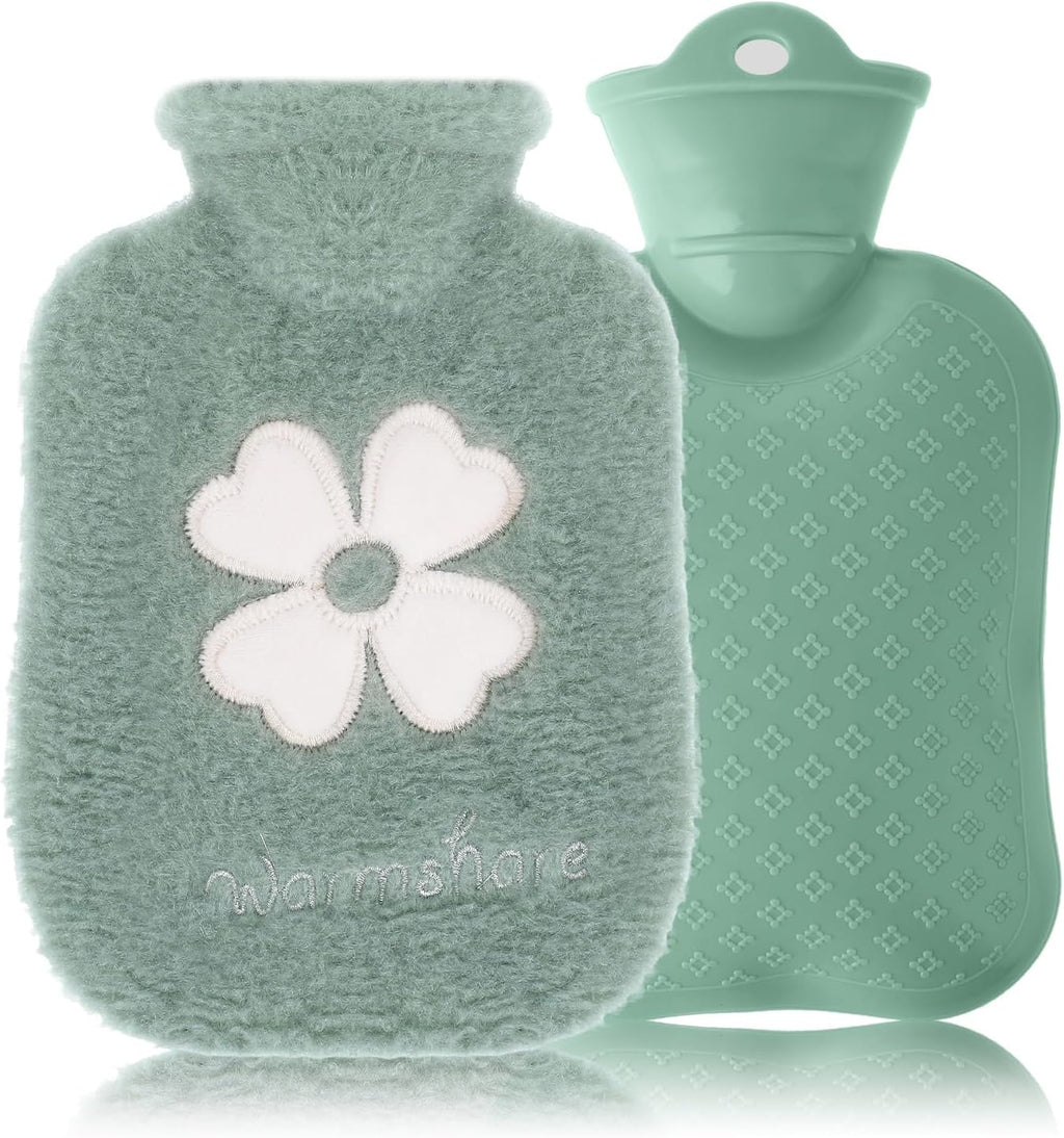 500ml Hot Water Bottle, 2-in-1 Small Hot Water Bottle with Cover Warm Water Bag with Soft Premium Faux Fur Cover Water Bag for Cold & Hot Compress Mini Hot-Water Bag for Women Men (Green)
