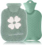 500ml Hot Water Bottle, 2-in-1 Small Hot Water Bottle with Cover Warm Water Bag with Soft Premium Faux Fur Cover Water Bag for Cold & Hot Compress Mini Hot-Water Bag for Women Men (Green)
