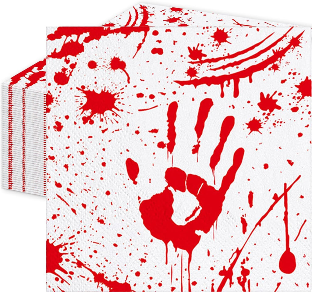50 Pieces Halloween Bloody Handprint Napkins, Disposable Paper Napkins with Blood Splatter Design for Horror-Themed Parties, Haunted House Decorations, Halloween Dinner, and Scary Table Settings