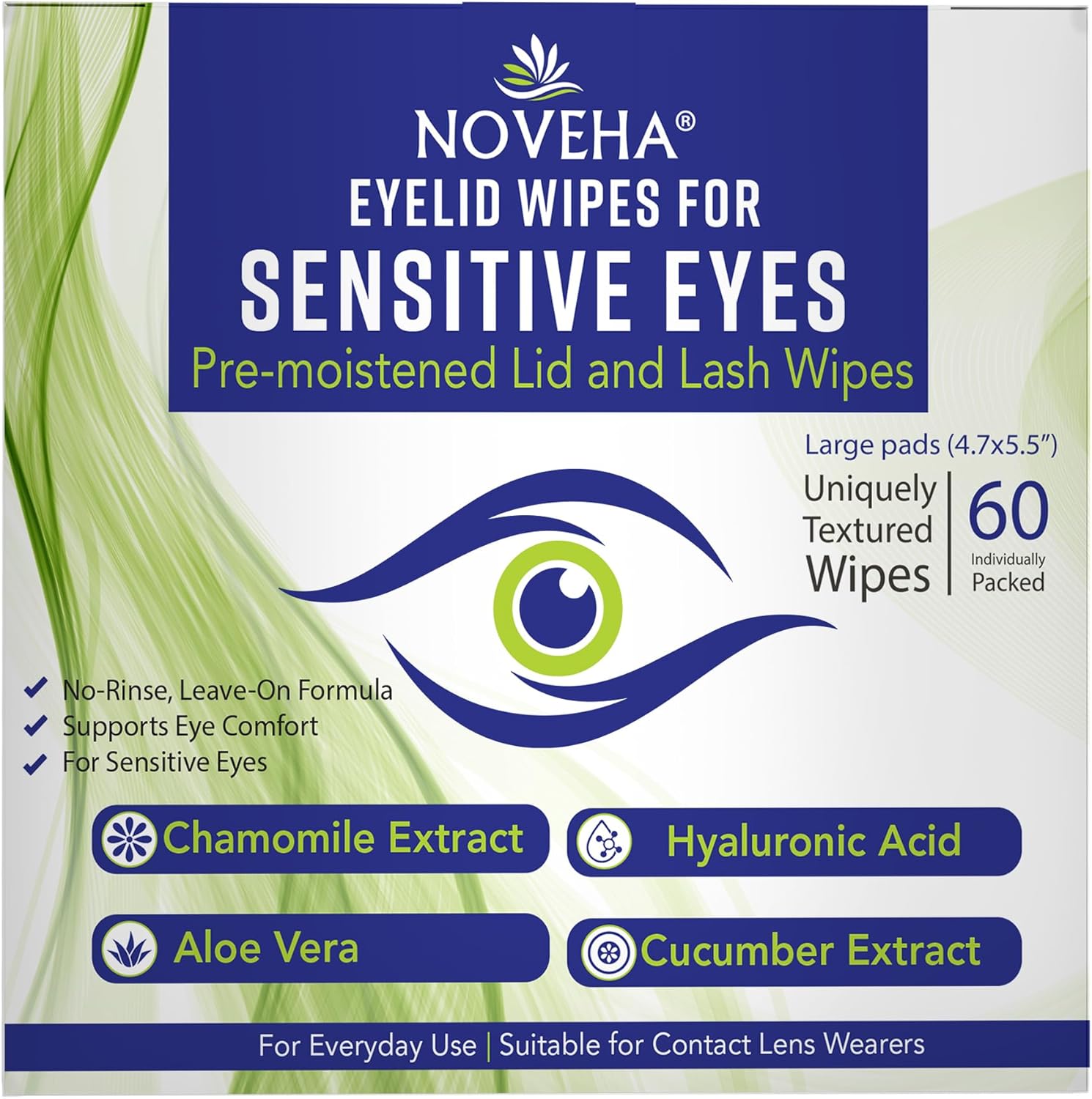 NOVEHA Eyelid Wipes - For Delicate Lashes and Eyelids - With Hyaluronic Acid, Chamomile, and Aloe Vera - Individually Wrapped Pre-moistened Pads (60 Wipes)