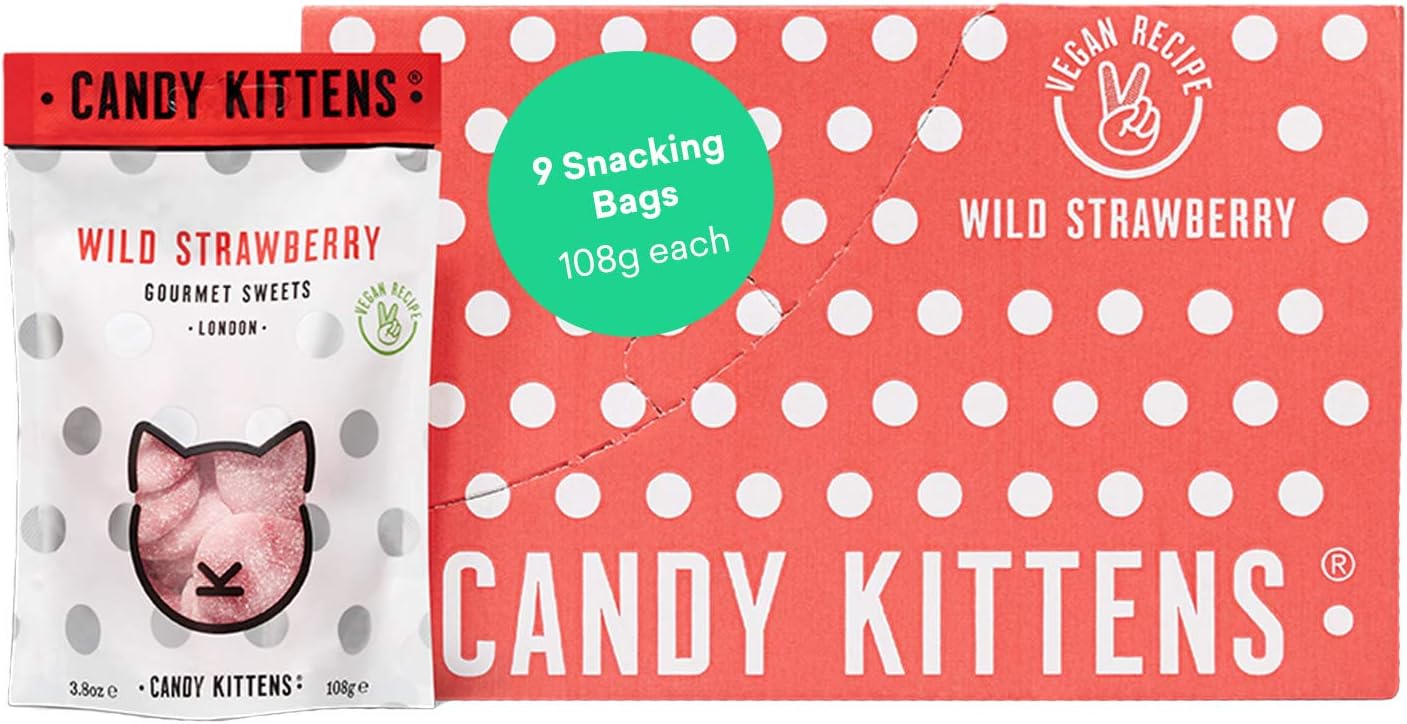 Candy Kittens Vegan Sweets - Plant Based - Gluten-Free - Natural Fruit Flavour Candy - Gummy Chewy Gourmet Sweets - Wild Strawberry, 3.80z (Pack of 9)