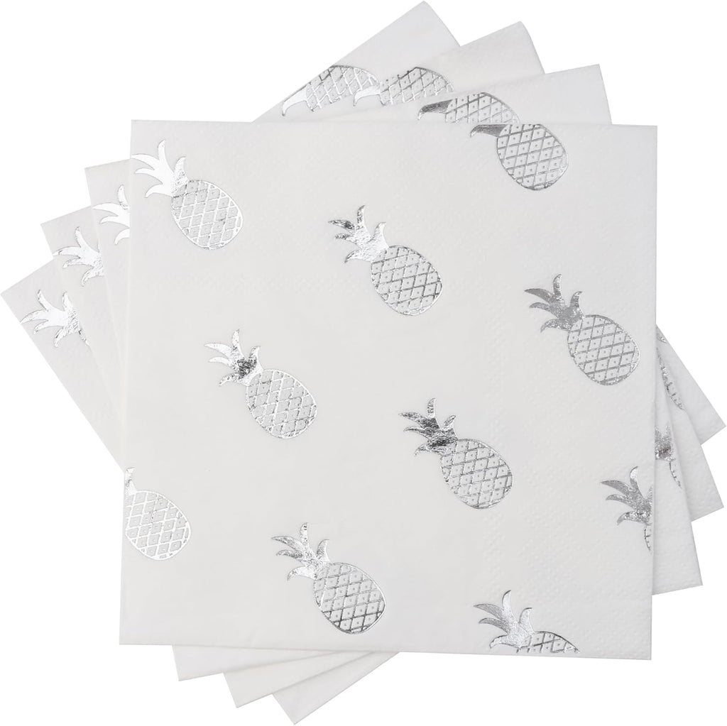 80 Pack of White Paper Cocktail Napkins with Silver Foil Pineapple Pattern,Party Supplies(5 x 5 in，3-ply) (Silver Pineapple)
