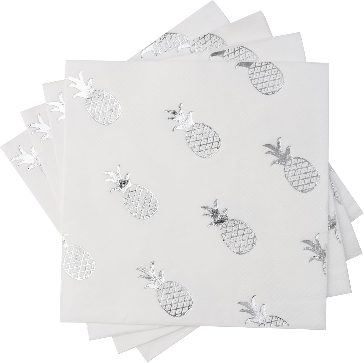 80 Pack of White Paper Cocktail Napkins with Silver Foil Pineapple Pattern,Party Supplies(5 x 5 in，3-ply) (Silver Pineapple)